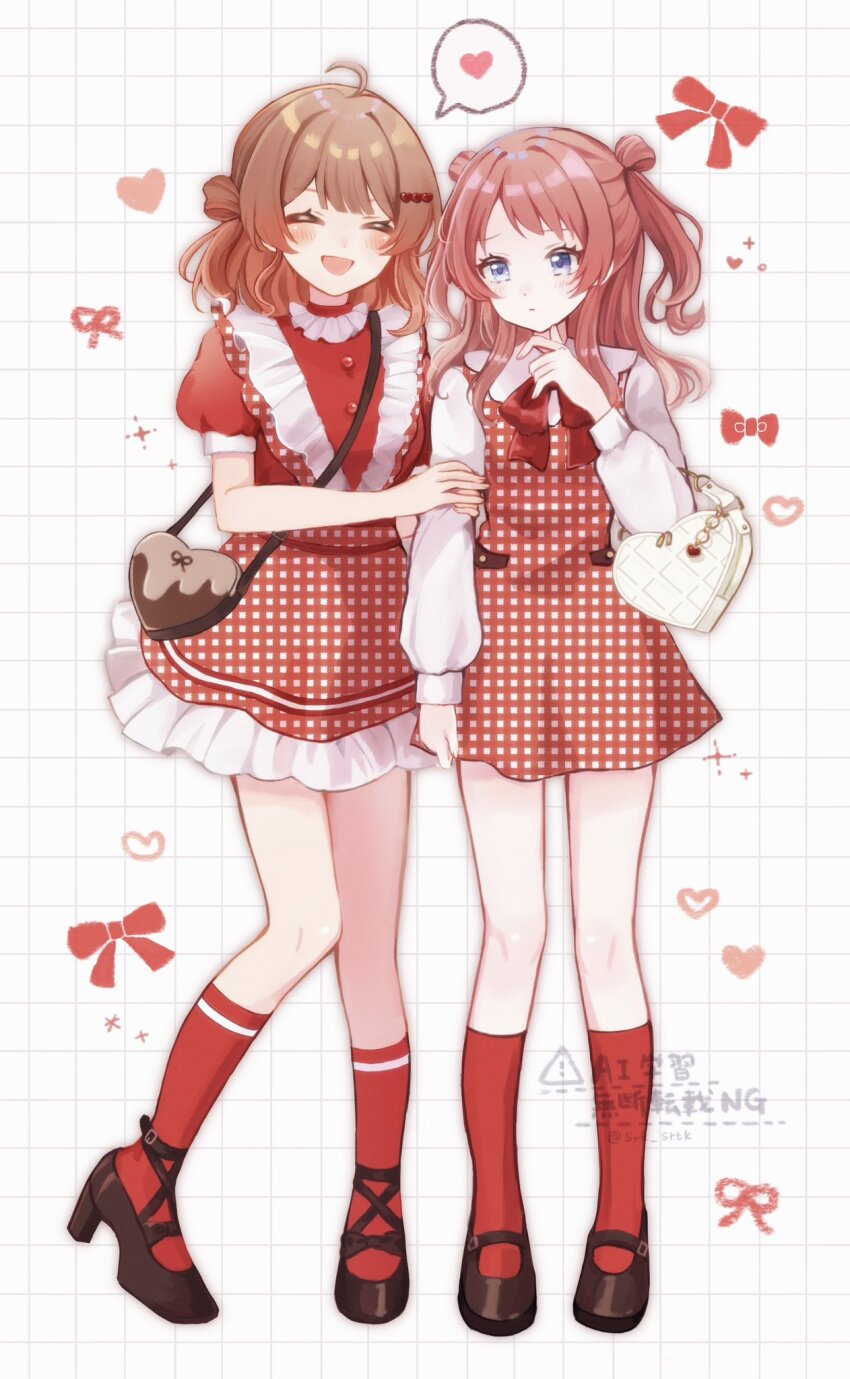 2girls ahoge bag black_shoes blue_eyes blush brown_hair checkered_clothes checkered_dress closed_eyes closed_mouth commentary dress full_body gakuen_idolmaster grid_background hair_bun hanami_saki hanami_ume hand_up hands_on_another&#039;s_arm heart heart-shaped_bag high_heels highres idolmaster long_sleeves medium_hair multiple_girls open_mouth puffy_short_sleeves puffy_sleeves red_dress red_hair red_socks shirako_(srk_srtk) shoes short_sleeves shoulder_bag siblings single_side_bun sisters smile socks speech_bubble spoken_heart standing symbol-only_commentary two_side_up watermark white_sleeves