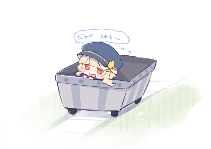 1girl absurdres aoba_(blue_archive) blonde_hair blue_archive blue_hat cart chibi hair_ornament hairclip hat highres nervous_sweating open_mouth peaked_cap red_eyes solo sweat tearing_up tears translation_request urode