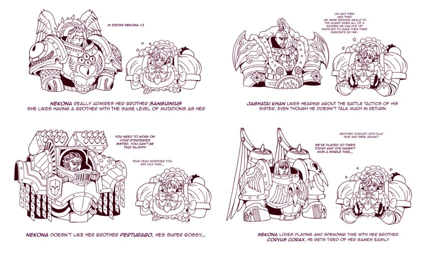 1girl 4boys :3 angel angel_wings angry animal_ears animal_hands animal_skull animal_skull_ornament apron armor bald belt bird bird_skull blood_angels bow breastplate brown_belt cat_ears cat_girl cat_paws chumiicham closed_mouth commentary corvus_corax_(warhammer) english_commentary english_text eye_of_horus_(warhammer) frilled_apron frills fur-trimmed_armor fur_trim happy heart highres iron_warriors jaghatai_khan jetpack laurel_crown light_blush limited_palette lineart long_hair looking_at_another looking_down looking_up maid_apron maid_headdress mechabare mechanical_wings medium_hair multiple_boys nekona_(chumiicham) original pauldrons paw_print perturabo power_armor primarch rerebrace sanguinius short_hair shoulder_armor simple_background size_difference skull_ornament space_maids_(chumiicham) sparkle topknot upper_body warhammer_40k white_scars wildfire_panoply wings