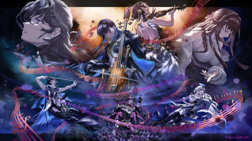 absurdres black_dress blue_feathers blue_petals cello colored_inner_hair commissioner_name dress feather_hair_ornament feathers flower flute hair_ornament highres instrument iris_(flower) loose_bandages multicolored_hair music opera orchestra playing_flute playing_instrument punishing:_gray_raven selena:_capriccio_(pgr) selena:_pianissimo_(pgr) selena:_tempest_(pgr) selena_(pgr) weaponized_instrument