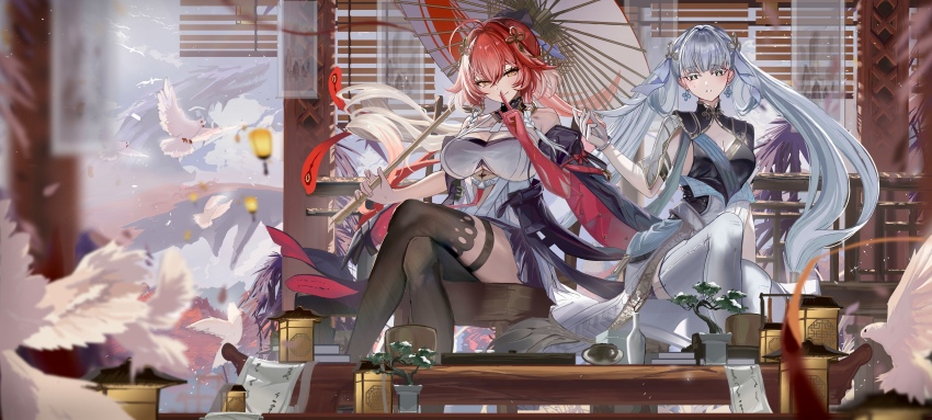 2girls absurdres architecture bird black_collar black_dress black_jacket black_sleeves black_thighhighs breasts bright_pupils changli_(wuthering_waves) cleavage closed_mouth coat collar colored_extremities colored_eyelashes commentary crossed_legs detached_sleeves dress earrings east_asian_architecture feather_hair finger_to_mouth hair_between_eyes hand_up highres jacket jewelry jinhsi_(wuthering_waves) large_breasts long_hair looking_at_viewer mole mole_on_cheek multicolored_hair multiple_girls orange_eyes parted_lips pink_hair red_hands short_sleeves shushing sitting smile tacet_mark_(wuthering_waves) thigh_strap thighhighs tojong_sakura two-tone_hair very_long_hair white_bird white_coat white_dress white_eyelashes white_eyes white_hair white_pupils wuthering_waves