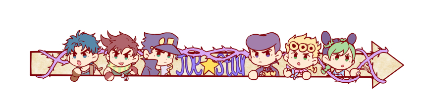 1girl 5boys absurdres arrow_(symbol) battle_tendency black_hair blonde_hair blue_eyes blue_hair bola_(weapon) brown_hair chibi double_bun flower giorno_giovanna green_eyes green_hair hair_bun hat hermit_purple higashikata_josuke highres jojo_no_kimyou_na_bouken jonathan_joestar joseph_joestar joseph_joestar_(young) kuujou_jolyne kuujou_joutarou multiple_boys phantom_blood plant purple_eyes purple_hair scarf stand_(jojo) stardust_crusaders string striped_clothes striped_scarf thorns unraveling vines yanglao_paopaoren