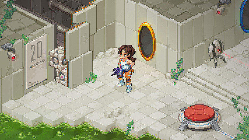 1girl aperture_science_handheld_portal_device aperture_science_weighted_companion_cube boots brown_hair commentary english_commentary foliage green_pants gun holding holding_gun holding_weapon indoors isometric leaf medium_hair pants pixel_art ponytail portal portal_(object) portal_(series) portal_2 reffpixels security_camera sentry_turret_(portal) slime_(substance) solo stairs standing tank_top tile_floor tiles turret weapon white_boots white_tank_top
