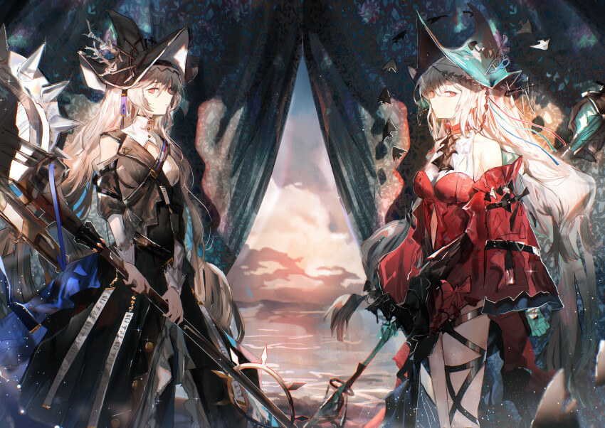 2girls absurdres angelfish aqua_gloves aqua_hat arknights ascot bare_shoulders black_ascot black_dress black_hat blurry blurry_foreground breasts circular_saw closed_mouth clothing_cutout cloud cowboy_shot criss-cross_straps detached_sleeves dress fish gloves grey_hair hair_between_eyes hair_ribbon hat highres holding holding_staff holding_weapon leg_ribbon long_hair long_sleeves looking_at_viewer low-tied_long_hair medium_breasts milbi multiple_girls navel navel_cutout official_alternate_costume pointy_hat red_dress red_eyes red_sleeves ribbon rock saw scenery shadow shoulder_cutout shoulder_strap skadi_(arknights) skadi_the_corrupting_heart_(arknights) specter_(arknights) specter_the_unchained_(arknights) staff standing tropical_fish two-sided_fabric two-sided_headwear two-tone_dress very_long_hair weapon white_hair