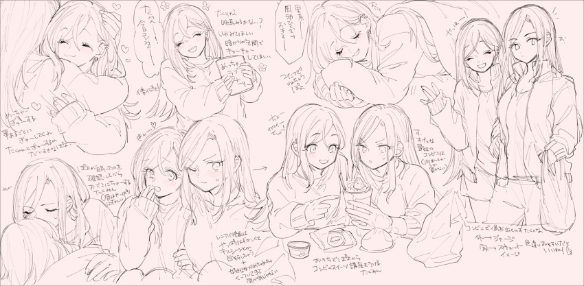2girls amane_(7783) arm_hug bag character_request closed_eyes closed_mouth commentary_request ear_piercing food greyscale heart highres holding holding_bag hug ice_cream idolmaster idolmaster_cinderella_girls jacket kiss long_hair monochrome multiple_girls one_eye_closed open_clothes open_jacket open_mouth pants parted_lips piercing shirt shopping_bag shorts smile speech_bubble steamed_bun sundae track_jacket translation_request yuri