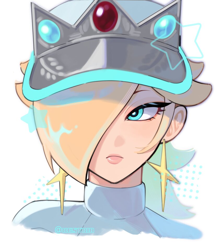 1girl absurdres artist_name blonde_hair blue_eyes closed_mouth commentary earrings english_commentary eyelashes hair_over_one_eye highres jewelry looking_to_the_side mario_(series) nintendo pink_lips rosalina solo star_(symbol) twitter_username upper_body visor_cap white_background xestria