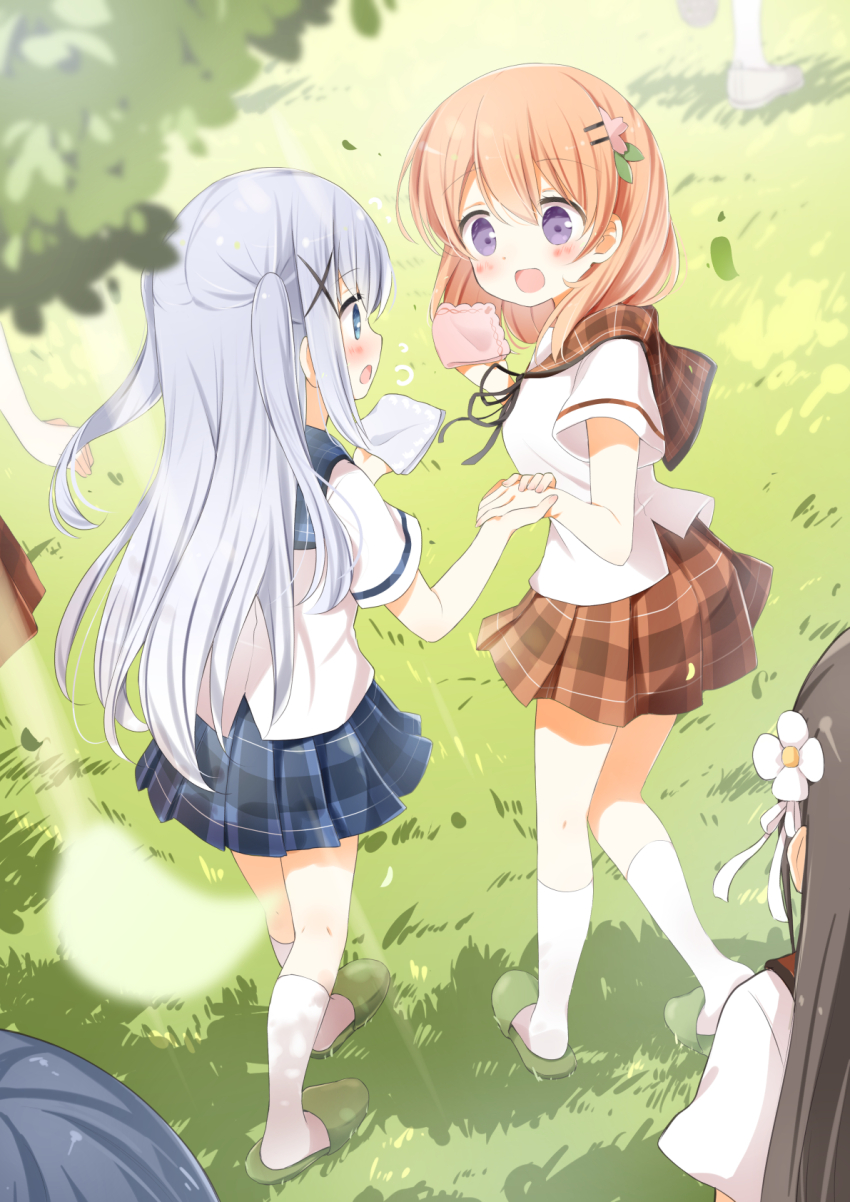 ankle_socks blue_eyes blue_hair blue_sailor_collar blue_skirt blush brown_hair brown_sailor_collar brown_skirt flower gochuumon_wa_usagi_desu_ka? green_slippers hair_flower hair_ornament hairclip handkerchief highres holding holding_handkerchief holding_hands hoto_cocoa hoto_cocoa&#039;s_school_uniform ichiyo12 kafuu_chino long_hair orange_hair plaid_clothes plaid_sailor_collar plaid_skirt pleated_skirt purple_eyes ribbon sailor_collar school_uniform shirt short_sleeves skirt slippers smile socks two_side_up ujimatsu_chiya white_shirt white_socks