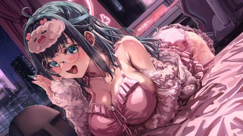 1girl absurdres amano_nene_(vtuber) amano_nene_(vtuber)_(pajama) binaural_microphone blue_eyes breasts character_mask cloudtomo_(amano_nene) frilled_nightgown glasses highres large_breasts mask microphone nightgown pink_nightgown production_kawaii virtual_youtuber