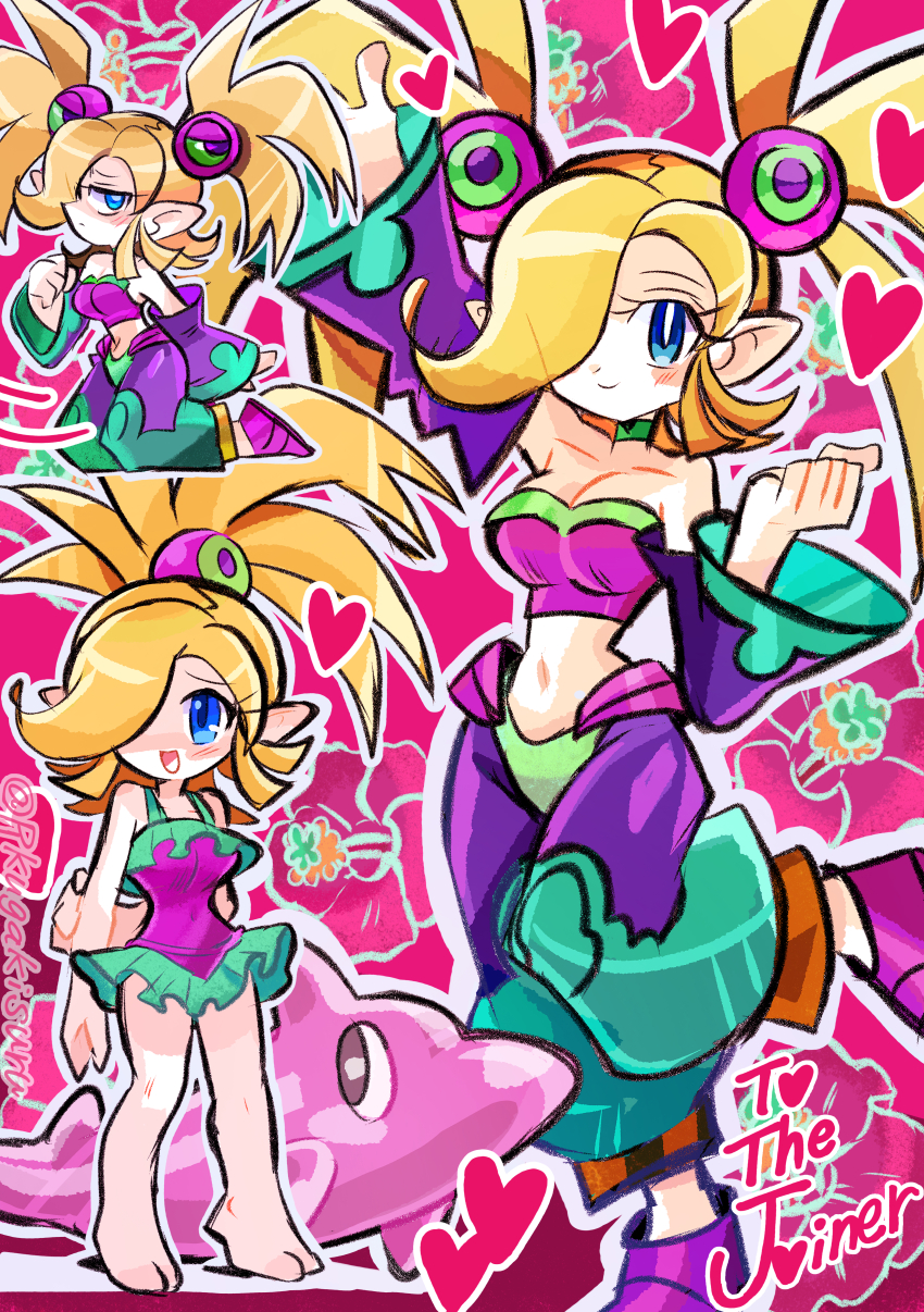 1girl ;) absurdres blonde_hair blush commentary commission hair_over_one_eye highres inflatable_dolphin inflatable_toy leggings long_pointy_ears looking_at_viewer one-piece_swimsuit one_eye_closed open_mouth plink_(shantae) pointy_ears purple_leggings rakugaki_shitagari-ya shantae_(series) skeb_commission smile strapless swimsuit symbol-only_commentary tube_top