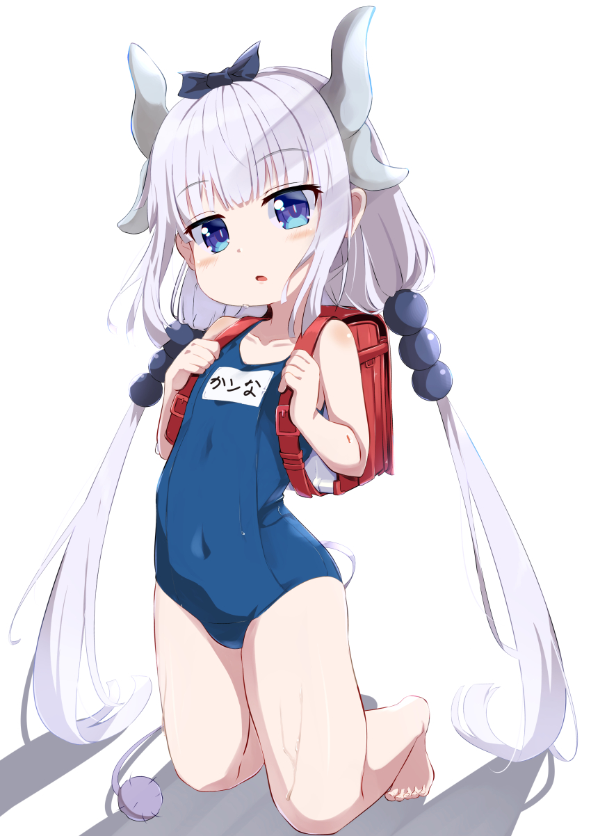 1girl absurdres backpack bag barefoot blue_eyes blue_ribbon blush_stickers covered_navel dragon_girl dragon_horns dragon_tail eyebrows_hidden_by_hair flat_chest full_body hair_ribbon highres horns kanna_kamui kneehighs kobayashi-san_chi_no_maidragon long_hair low_twintails open_mouth pandoa_(mikage0495) purple_hair randoseru ribbon school_swimsuit shadow simple_background socks solo swimsuit tail toes twintails very_long_hair white_background