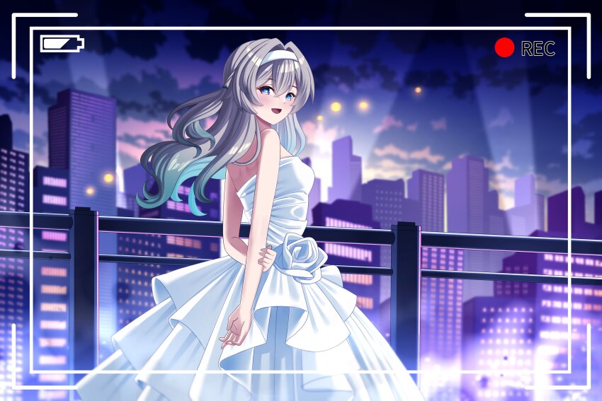 1girl absurdres alternate_costume battery_indicator blush cityscape dress firefly_(honkai:_star_rail) frilled_dress frills gradient_eyes gradient_hair green_pupils grey_hair hair_between_eyes hair_intakes hairband hand_on_own_arm highres honkai:_star_rail honkai_(series) long_hair looking_back misogihara3 multicolored_eyes multicolored_hair off-shoulder_dress off_shoulder open_mouth railing recording smile solo two-tone_eyes viewfinder wedding_dress white_dress white_hairband