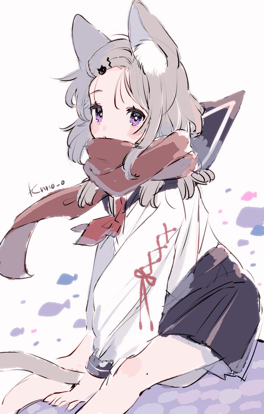 1girl absurdres animal_ear_fluff animal_ears artist_name between_legs black_dress black_sailor_collar cat_ears cat_tail dress highres jikuno light_brown_hair long_hair long_sleeves necktie original purple_eyes red_necktie red_scarf sailor_collar scarf simple_background sitting skirt solo tail tail_between_legs white_background
