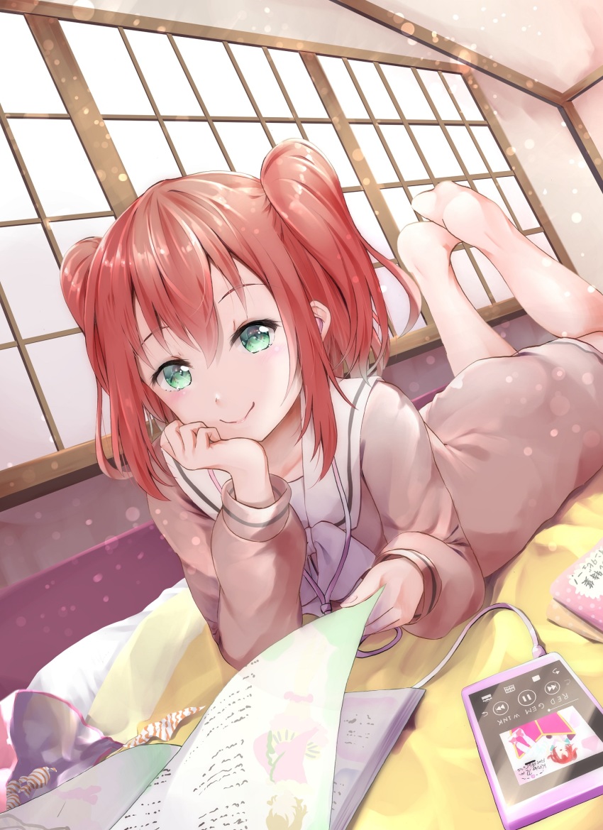 1girl aqua_eyes artist_name artist_request blush book brown_shirt brown_skirt collarbone digital_media_player female_focus full_body green_eyes hair_between_eyes hayaoki_(asagi-iro_seishun-bu) highres indoors ipod kurosawa_ruby legs_up long_sleeves looking_at_viewer love_live! love_live!_sunshine!! parted_lips red_hair sailor_collar shirt short_hair skirt smile solo