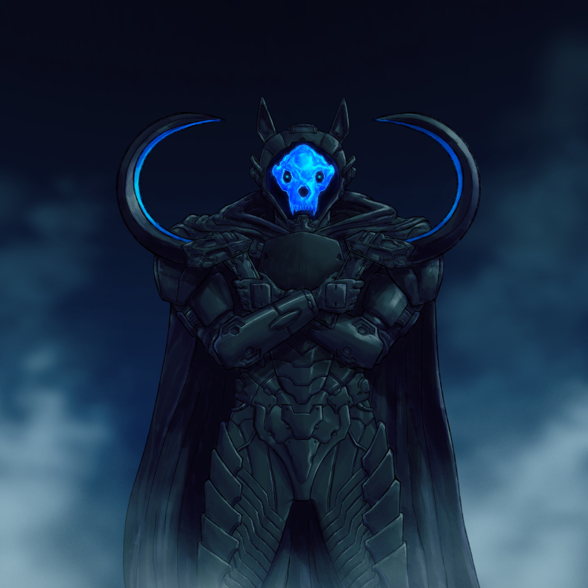 absurdres adapted_costume adi_(adivider) alternate_costume animal_costume animal_ears armor assault_visor black_armor black_cloak blade blue_eyes cloak commission commissioner_upload cosplay crossed_arms crossover cyberpunk day_of_wrath_(infinitypilot) death_(entity) death_(puss_in_boots) doom_(2016) doom_(series) dual_wielding energy_blade energy_weapon fog full_armor glowing glowing_eyes glowing_weapon helmet highres holding holding_sickle holding_weapon hologram hood hood_down hooded_cloak looking_at_viewer mask military original puss_in_boots:_the_last_wish science_fiction shrek_(series) sickle skull skull_mask skullhacker_(day_of_wrath) smoke soldier solo solo_focus steam twin_blades visor_(armor) weapon wolf wolf_costume wolf_ears