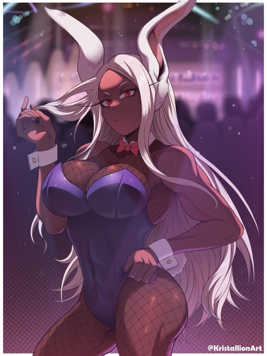1girl biceps boku_no_hero_academia breasts dark-skinned_female dark_skin fishnets kristallion large_breasts leotard long_hair looking_at_viewer mesh mirko muscular muscular_female nightclub playboy_bunny rabbit rabbit_ears rabbit_girl rabbit_tail red_eyes solo solo_focus thighs white_hair