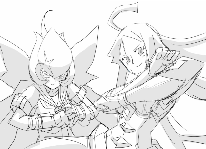 2girls armband armor armored_gloves armored_leotard bancholilimon breasts crossover digimon digimon_(creature) digimon_story:_cyber_sleuth_hacker&#039;s_memory fighting_stance gloves hudiemon kill_la_kill leotard long_hair looking_at_viewer medium_breasts multiple_girls ph6xeivbgpimggg school_uniform senketsu sketch smile