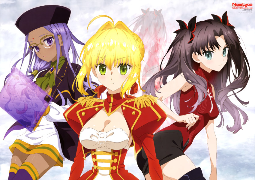 10s 3girls absurdres ahoge ascot black_hat black_jacket black_ribbon black_skirt blonde_hair blush braid breasts brooch brown-framed_eyewear brown_hair character_cutout cleavage cross cross_print danemaru dark-skinned_female dark_skin dress epaulettes fate/extra fate/extra_last_encore fate_(series) fog french_braid glasses green_ascot green_eyes hair_bun hair_ribbon hat headwear_request highres holographic_interface jacket jewelry juliet_sleeves large_breasts leotard long_hair long_sleeves looking_at_viewer magazine_scan medium_breasts miniskirt multiple_girls navel nero_claudius_(fate) nero_claudius_(fate/extra) newtype official_art pink_lips print_dress print_jacket print_legwear print_shirt puffy_sleeves purple_brooch purple_eyes purple_hair purple_legwear rani_viii red_dress red_ribbon red_shirt ribbon scan semi-rimless_eyewear shirt short_dress single_hair_bun skindentation skirt sleeveless sleeveless_shirt small_breasts thighhighs tohsaka_rin turtleneck twintails white_dress white_leotard zettai_ryouiki