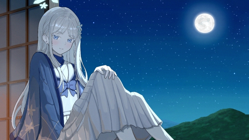1girl blue_archive blue_bow blue_bowtie blue_eyes blush bow bowtie commentary_request feet_out_of_frame full_moon grey_hair halo haori japanese_clothes knees_up light_smile long_hair looking_at_viewer moon nagusa_(blue_archive) natsumeg night night_sky pale_skin partial_commentary pleated_skirt school_uniform serafuku sitting skirt sky solo straight_hair very_long_hair white_serafuku
