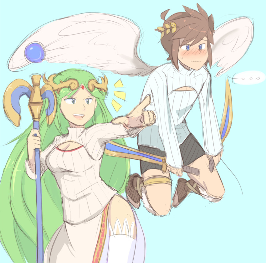 ... 1boy 1girl ahoge alternate_costume angel angel_wings azuru_(cyandine) blue_background blue_eyes blush breasts brown_hair circlet cleavage cleavage_cutout clothing_cutout green_hair holding holding_staff kid_icarus kid_icarus_uprising laurel_crown long_hair nintendo palutena palutena_bow_(kid_icarus) pit_(kid_icarus) pointing simple_background sketch staff sweater thighhighs turtleneck turtleneck_sweater very_long_hair white_thighhighs wings