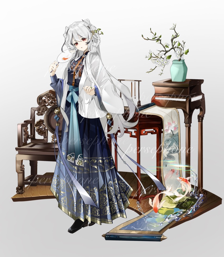1girl absurdres bad_source beizi_(clothing) black_footwear braid braided_hair_rings branch calligraphy_brush chair chinese_clothes cup drawing_(object) colored_bangs english_text fish flower full_body goldfish grey_background grey_hair hair_flower hair_ornament hair_rings hand_fan hanfu hanging_calligraphy_brush highres holding holding_fan jewelry koi long_hair long_sleeves looking_at_viewer multicolored_hair original paintbrush plant poer red_eyes scroll shawl shuangyaji smile solo standing streaked_hair table tuanshan vase very_long_hair water watermark white_background white_hair