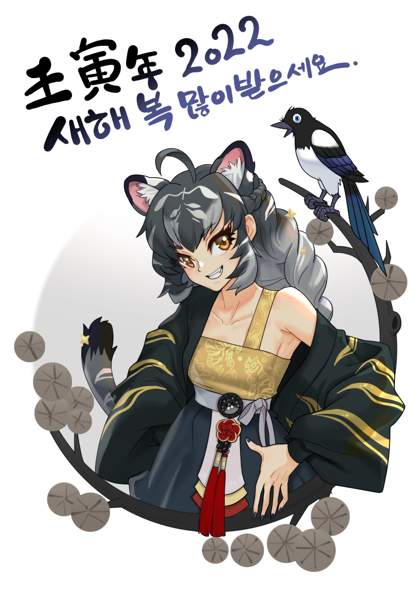 1girl 2022 absurdres ahoge animal_ear_fluff animal_ears animal_print bird black_hair black_nails braid brown_eyes character_request chinese_zodiac commentary crown_braid english_commentary extra_ears fang gradient_hair grey_hair grin hands_on_own_hips highres kemono_friends korean_text long_hair looking_at_viewer multicolored_hair nail_polish off_shoulder roonhee simple_background single_bare_shoulder smile solo tail tiger_ears tiger_print year_of_the_tiger