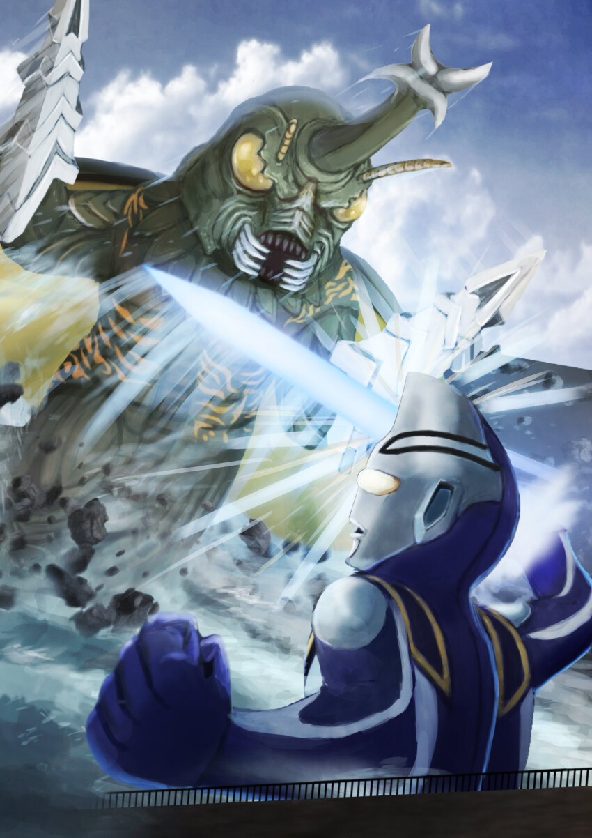 absurdres agul_blade antennae arm_blade blue_sky bug building cloud compound_eyes crossover day destruction drill energy_sword energy_weapon giant giant_monster godzilla_vs._megalon_(1973) highres horns kaiju mandibles megalon monster no_humans open_mouth rubble single_horn sky spirit superhero_costume sword toho tsuburaya_productions ultra_series ultraman_agul ultraman_gaia_(series) weapon wings yamakazema yellow_eyes