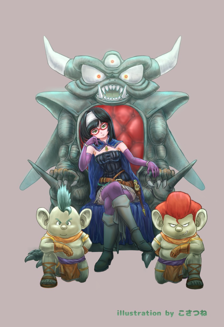 1girl 2boys artist_name black_hair boots bored bracelet breasts cape cleavage crossed_legs death_pisaro dragon_quest dragon_quest_x dwarf_(dq10) elbow_gloves glasses gloves green_eyes hairband head_rest highres jewelry kneeling kosatsune long_hair mohawk multiple_boys purple_thighhighs red-framed_eyewear runana_(dq10) sitting skirt strapless thighhighs throne