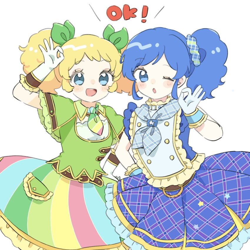 2girls :d :o aikatsu! aikatsu!_(series) arm_up blonde_hair blue_eyes blue_hair blue_neckerchief blue_necktie blue_scrunchie blue_shirt blue_skirt blush_stickers bow cha_(ntrikti) frilled_shirt frilled_skirt frilled_sleeves frills gloves green_bow green_necktie green_shirt green_skirt hair_bow hair_ornament hair_scrunchie hand_on_own_hip hand_up highres idol idol_clothes kiriya_aoi looking_at_viewer medium_hair multicolored_necktie multicolored_skirt multiple_girls neckerchief necktie ok_sign open_mouth pink_necktie pink_skirt plaid_clothes plaid_neckerchief plaid_scrunchie plaid_skirt saegusa_kii scrunchie shirt short_sleeves side_ponytail sidelocks simple_background skirt sleeveless sleeveless_shirt smile standing striped_clothes striped_necktie striped_skirt teeth twintails upper_teeth_only white_background white_gloves yellow_necktie yellow_skirt