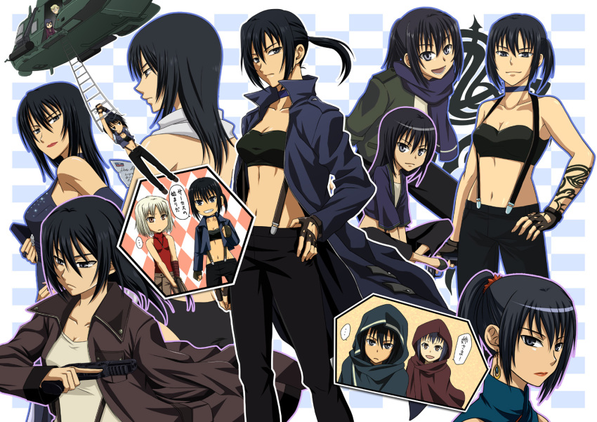 1boy 3girls 428 428:_fuusa_sareta_shibuya_de aircraft alphard_(canaan) alternate_hairstyle bare_shoulders black_hair blonde_hair blue_hair brown_eyes canaan_(character) canaan_(series) chibi china_dress chinese_clothes chunsoft cloak cummings dress earrings fingerless_gloves glasses gloves gun hair_down handgun helicopter hood jewelry ladder liang_qi lipstick makeup midriff multiple_girls necklace pistol ponytail saklo short_hair sleeveless sleeveless_turtleneck smile suspenders tattoo translation_request trigger_discipline turtleneck weapon white_hair