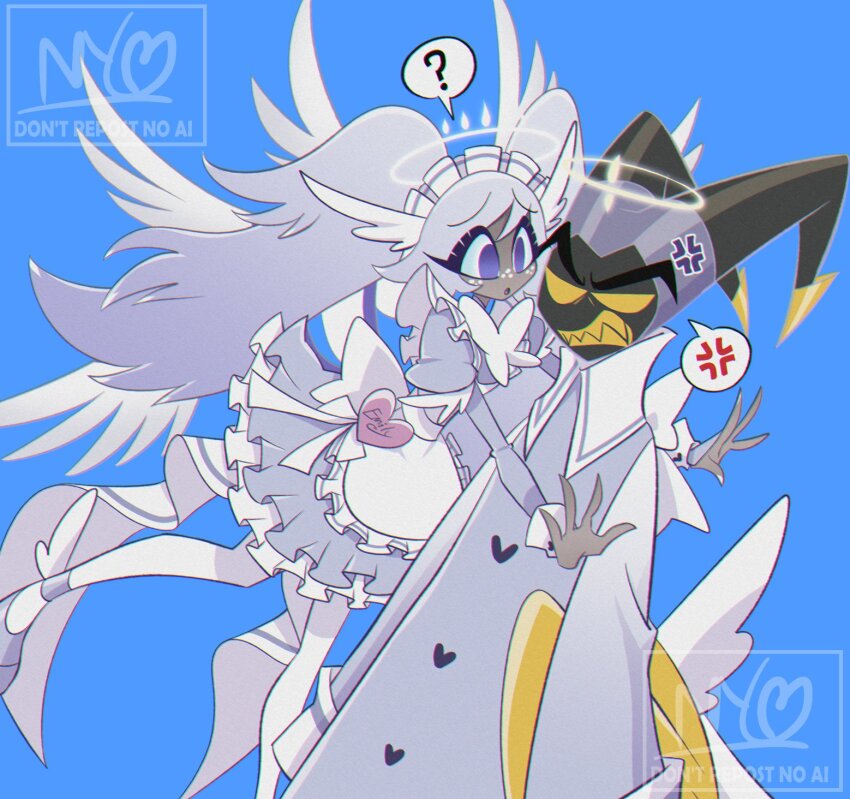 1boy 1girl ? adam_(hazbin_hotel) anger_vein antachoiinho clenched_teeth dark-skinned_female dark_skin dress emily_(hazbin_hotel) grey_hair hazbin_hotel heart hellaverse highres long_hair maid sharp_teeth spoken_anger_vein spoken_question_mark teeth twintails wings