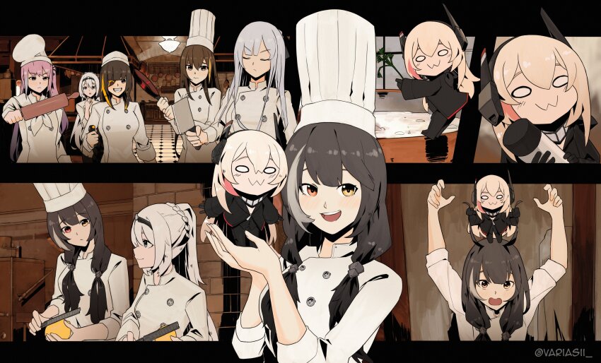 6+girls :3 absurdres ak-12_(girls&#039;_frontline) an-94_(girls&#039;_frontline) black_hair blonde_hair brown_hair chef chef_hat cleaver closed_eyes commentary english_commentary flat_top_chef_hat food fruit girls&#039;_frontline grabbing_another&#039;s_hair grin hair_over_shoulder hat heterochromia highres holding holding_cleaver holding_food lemon long_hair m16a1_(girls&#039;_frontline) m4_sopmod_ii_(girls&#039;_frontline) m4_sopmod_ii_jr m4a1_(girls&#039;_frontline) multiple_girls on_head open_mouth parody pink_hair ratatouille red_eyes ro635_(girls&#039;_frontline) rolling_pin smile st_ar-15_(girls&#039;_frontline) standing_on_another&#039;s_head twintails twitter_username variasii yellow_eyes
