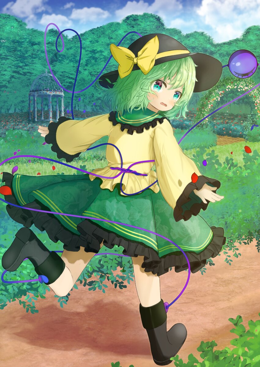 1girl absurdres black_boots black_hat blouse boots bow cloud cloudy_sky commentary_request eyeball frilled_shirt_collar frilled_sleeves frills from_behind full_body gazebo grass green_eyes green_hair green_skirt hat hat_bow hat_ribbon heart heart_of_string highres kohaku_rinne koishi_day komeiji_koishi long_sleeves looking_at_viewer looking_back open_mouth outdoors outstretched_arms path ribbon road running shirt short_hair skirt sky solo spread_arms third_eye touhou tree wide_sleeves worried yellow_bow yellow_ribbon yellow_shirt