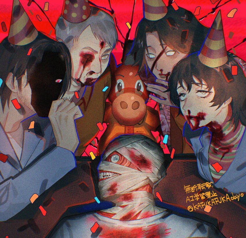 1girl 4boys anya_(mouthwashing) bandaged_head bandaged_neck bandages blank_eyes blood blood_on_clothes blue_eyes brown_hair confetti corpse curly_(mouthwashing) daisuke_(mouthwashing) everyone grey_hair hat highres jimmy_(mouthwashing) jumpsuit kafukafukadayo looking_at_another looking_at_viewer male_focus mole mole_under_eye mouthwashing multiple_boys no_lips party_hat polle_(mouthwashing) red_eyes shaded_face short_hair spoilers striped_clothes swansea_(mouthwashing) twitter_username