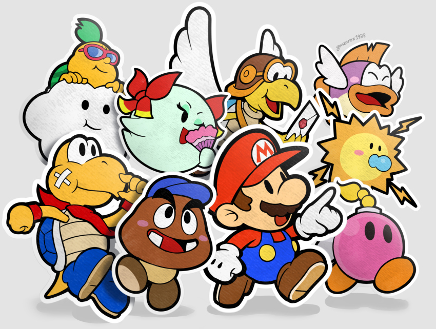 4girls 5boys :d ;d aviator_cap bandaid bandaid_on_face baseball_cap blue_hat blue_overalls blue_shoes blush_stickers bombette bow bow_(paper_mario) brown_hair brown_hat brown_shoes closed_eyes closed_mouth commentary_request envelope facial_hair floating flying from_side gloves gonzarez goombario grey_background hand_fan hat highres holding holding_envelope holding_fan kooper lakilester lightning_bolt_symbol long_sleeves male_focus mario mario_(series) multiple_boys multiple_girls mustache nintendo one_eye_closed open_mouth outline overalls pacifier paper_mario paper_mario_(character) paper_mario_64 parakarry pointing red_bow red_hat red_scarf red_shirt scarf shirt shoes short_hair simple_background smile standing sunglasses sushie twitter_username walking watt white_gloves white_outline wings