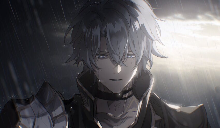 1boy absurdres armor black_choker black_shirt blue_eyes choker cloud highres honkai:_star_rail honkai_(series) male_focus neck_tattoo parted_bangs pauldrons phainon_(honkai:_star_rail) rain shirt short_hair shoulder_armor single_pauldron solo sun_symbol sun_tattoo tan tattoo tears wet wet_clothes wet_hair wet_shirt white_hair zassyoku_dd