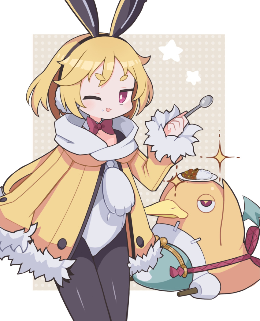 1girl :3 :d animal_ears animal_slippers bat_wings bird black_pantyhose blonde_hair border bow bowtie bright_pupils brown_background bunny_slippers coat collarbone commentary covered_navel curry curry_rice demon_wings detached_collar disgaea earmuffs eating fake_animal_ears flat_chest food full_body fur-trimmed_jacket fur-trimmed_sleeves fur_trim green_wings half-closed_eyes highres hikimayu holding holding_spoon jacket knees_together_feet_apart leotard long_sleeves looking_at_viewer makai_senki_disgaea_5 navel no_nose open_clothes open_jacket open_mouth pantyhose penguin plate playboy_bunny polka_dot polka_dot_background prinny purple_bow purple_bowtie purple_eyes rabbit_earmuffs rabbit_ears rabbits_foot red_eyes rice scarf short_eyebrows short_hair sleeves_past_fingers sleeves_past_wrists slippers smile solo sparkle spoon standing standing_on_one_leg star-shaped_pupils star_(symbol) suaman symbol-shaped_pupils thick_eyebrows usalia_(disgaea) white_border white_leotard white_pupils white_scarf wing_collar wings yellow_coat yellow_jacket