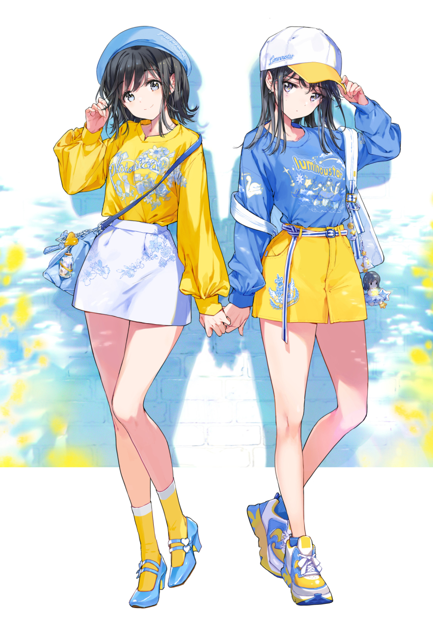 2girls adjusting_clothes adjusting_headwear backpack bag bag_charm baseball_cap beret black_hair blue_eyes blue_footwear blue_headwear blue_shirt blue_socks blue_theme blush bottle character_charm character_doll charm_(object) closed_mouth clothes_writing corked_bottle earrings floral_print full_body hand_in_own_hair handbag hat headwear_writing high_heels highres holding_hands jewelry light_frown long_hair long_sleeves looking_at_viewer medium_hair miniskirt mole mole_under_eye multiple_girls off_shoulder original playing_with_own_hair print_shirt print_skirt shadow shirt shoes skirt smile sneakers socks standing tiv white_headwear white_skirt yellow_shirt yellow_shoes yellow_skirt yellow_socks yellow_theme yuri