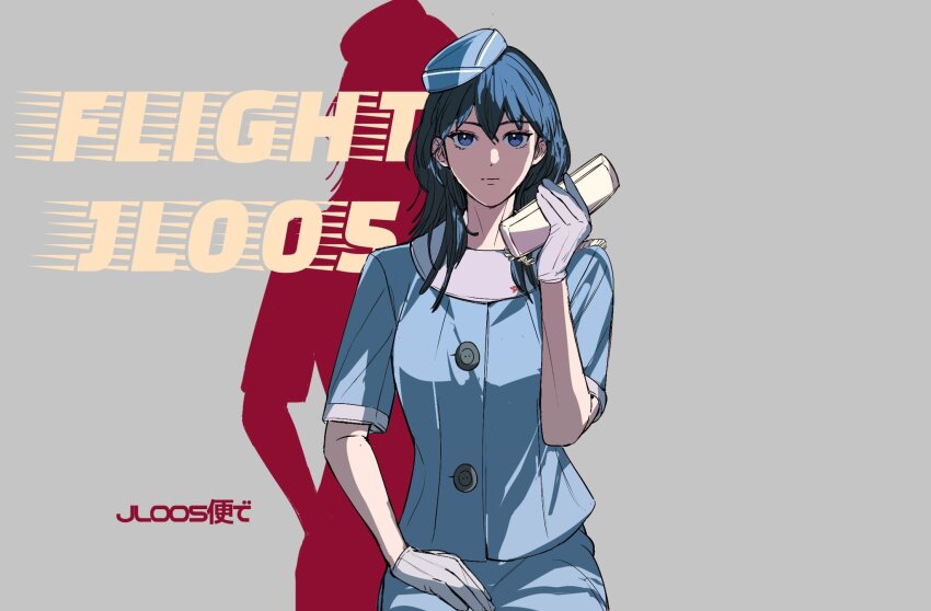 1girl amikoiiko bilingual_text blue_eyes blue_hair blue_shirt blue_skirt buttons female_byleth_(fire_emblem) cable closed_mouth collar corded_phone derivative_work expressionless fire_emblem fire_emblem:_three_houses flight_attendant flight_attendant_hat gloves grey_background hand_on_own_thigh highres holding holding_phone large_buttons looking_at_viewer medium_hair mixed-language_text nintendo outline pencil_skirt phone red_outline screenshot_redraw shiina_ringo shirt short_sleeves simple_background sitting skirt solo song_name travel_attendant white_collar white_gloves