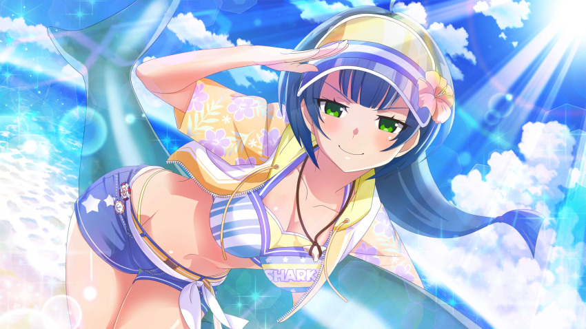 1girl beach belt bikini blue_eyes blue_shorts blurry breasts brown_belt cleavage closed_mouth cloud collarbone cropped_hoodie cumulonimbus_cloud day depth_of_field dutch_angle floating_hair floral_print fur_trim game_cg green_eyes groin highres higurashi_no_naku_koro_ni higurashi_no_naku_koro_ni_mei holding hood hood_down hoodie inflatable_shark inflatable_toy kurosawa_chisame leaning_forward light_particles light_rays long_hair looking_at_viewer navel non-web_source ocean official_art open_clothes open_hoodie outdoors print_hoodie salute short_sleeves shorts smile solo standing summer sunbeam sunlight swimsuit v-shaped_eyebrows visor_cap