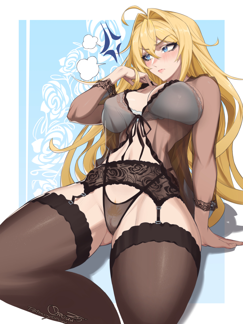1girl ahoge anger_vein babydoll black_panties black_thighhighs blonde_hair blue_eyes blush bra bra_visible_through_clothes breasts female_pubic_hair garter_belt garter_straps hair_between_eyes highres long_hair orouu panties pubic_hair pussy see-through_clothes see-through_panties sekirei sitting solo thighhighs tsukiumi underwear white_bra
