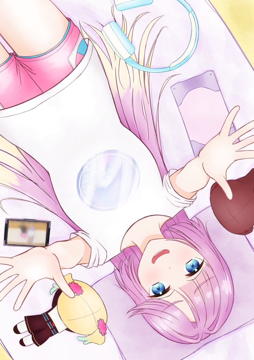 1girl anyoji_hime anyoji_hime_(summer_loungewear) blonde_hair blue_eyes blue_hair blunt_bangs breasts brown_dress brown_hair cellphone character_doll commentary_request cowboy_shot doll dress flower from_above fujishima_megumi fury_197 gradient_hair hair_down hair_flower hair_ornament handheld_game_console hasu_no_sora_school_uniform headphones headphones_removed highres light_blue_hair link!_like!_love_live! long_hair looking_at_viewer loungewear love_live! medium_breasts multicolored_hair nesoberi official_alternate_costume official_alternate_hairstyle on_bed osawa_rurino phone pink_flower pink_hair pink_shorts reaching reaching_towards_viewer sailor_collar sailor_dress school_uniform shirt short_shorts shorts sidelocks smartphone solo swept_bangs t-shirt twintails upside-down very_long_hair virtual_youtuber white_sailor_collar white_shirt winter_uniform