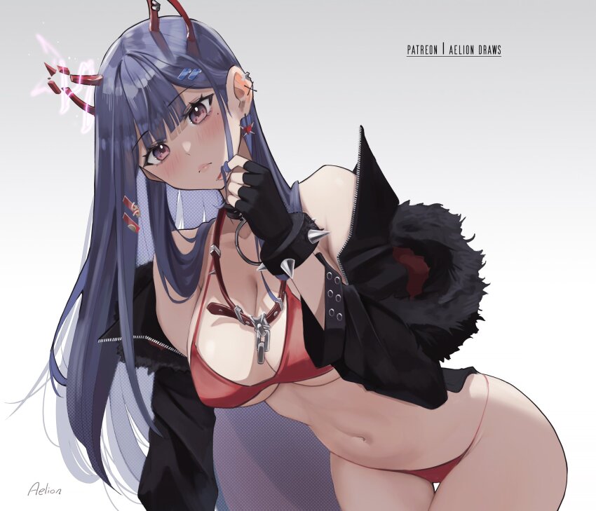 1girl aelion_draws akuma_nihmune akuma_nihmune_(demon_past) bad_id bad_twitter_id bare_shoulders bikini black_jacket blush breasts cleavage demon_girl demon_horns highres horns indie_virtual_youtuber jacket large_breasts long_hair looking_at_viewer mole mole_under_eye navel off_shoulder open_clothes open_jacket pink_eyes purple_hair solo swimsuit virtual_youtuber