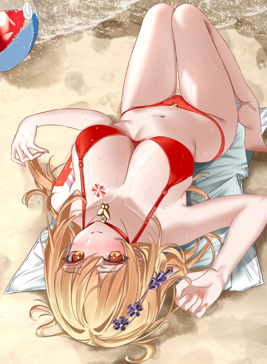 1girl 3: absurdres alternate_costume armpits ball bare_arms bare_shoulders barefoot beach beach_mat beachball bikini blonde_hair breasts chest_tattoo choker cleavage closed_mouth commentary english_commentary genshin_impact hair_down hair_ornament halterneck hand_up highres large_breasts long_hair looking_at_viewer lying nail_polish navel on_back orange_eyes orange_nails red_bikini red_choker shoulder_tattoo solo stomach string_bikini swimsuit tattoo thighs upside-down vayneeeee wet yoimiya_(genshin_impact)