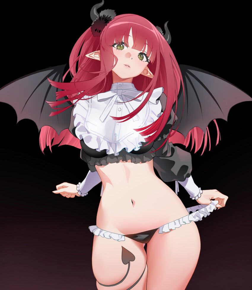 1girl bib_collar black_horns black_panties black_tail black_wings bow bowtie breasts cosplay cowboy_shot crop_top demon_girl demon_horns demon_tail demon_wings floating_hair frilled_panties frills gluteal_fold gradient_background green_eyes hashtag-only_commentary highres horns kitagawa_marin large_breasts legs_together long_hair long_sleeves looking_at_viewer navel panties pointy_ears red_hair rizu-kyun rizu-kyun_(cosplay) serpent_(pepepp39) skindentation slit_pupils solo sono_bisque_doll_wa_koi_wo_suru standing tail tail_around_own_leg tail_wrap thigh_gap underwear white_bow white_bowtie wings