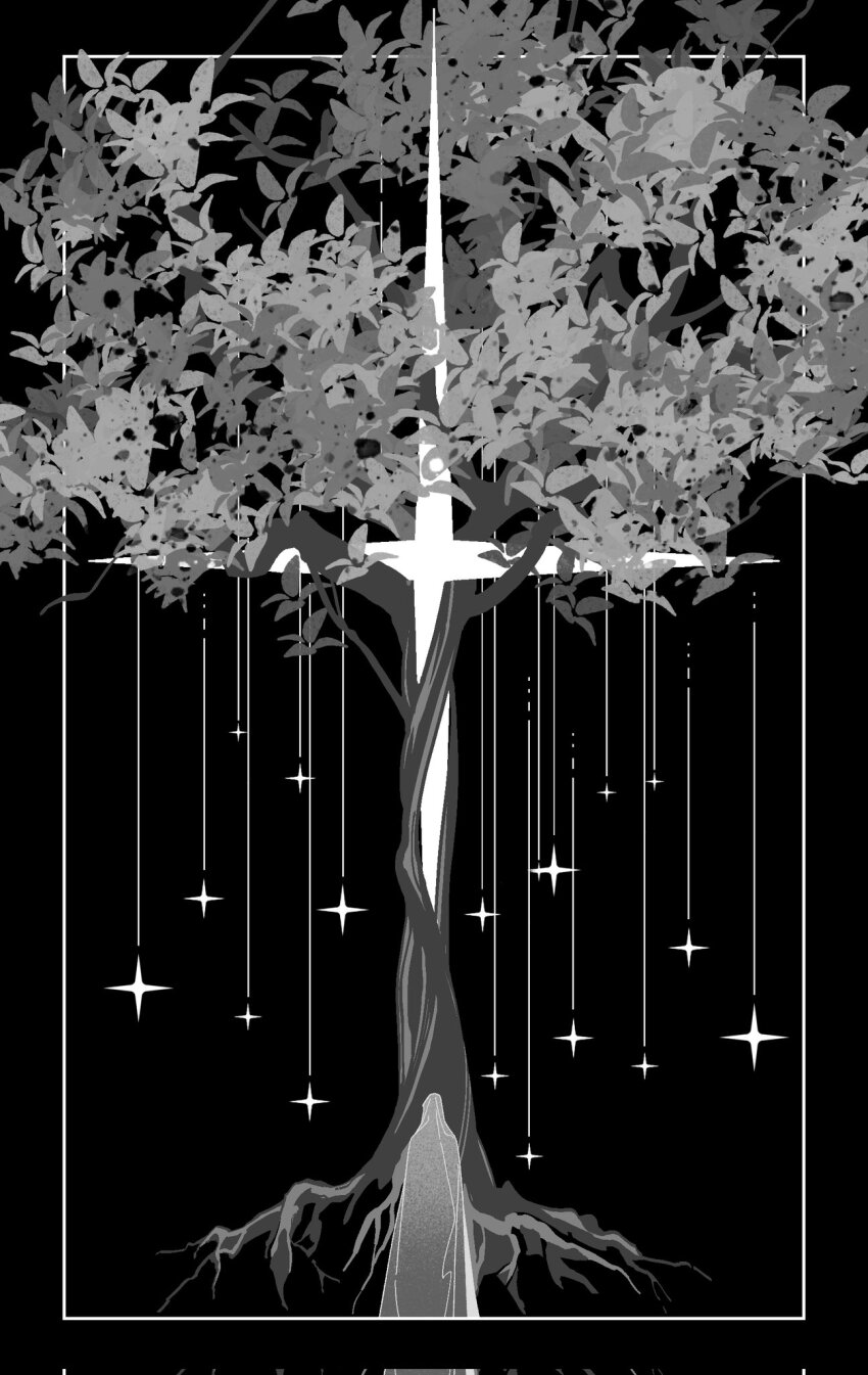 1other benkdjjituibot black_background border greyscale hanging_light hanging_star highres monochrome omniscient_reader&#039;s_viewpoint outside_border plant_roots scenery secretive_plotter size_difference solo sparkle tree white_border