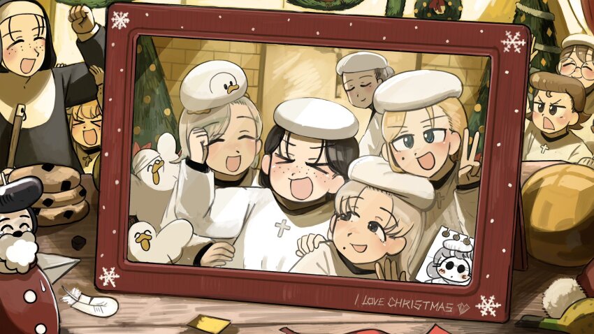 &gt;_&lt; 4girls :d animal animal_on_head banana bird bird_on_head black_hair blonde_hair blue_eyes blush brown_eyes brown_hair chicken chocolate_chip_cookie christmas christmas_tree christmas_wreath clumsy_nun_(diva) commentary cookie cross diva_(hyxpk) duck duck_on_head english_commentary feathers food freckles freckles_nun_(diva) froggy_nun_(diva) fruit glasses glasses_nun_(diva) grey_hair habit hat highres leaf_nun_(diva) little_nuns_(diva) mole mole_on_cheek mole_under_mouth multiple_girls nun on_head open_mouth photo_(object) picture_frame robe round_eyewear slice_of_life smile smug_nun_(diva) star_nun_(diva) strict_nun_(diva) traditional_nun triangle_mouth white_hat white_robe wig wreath