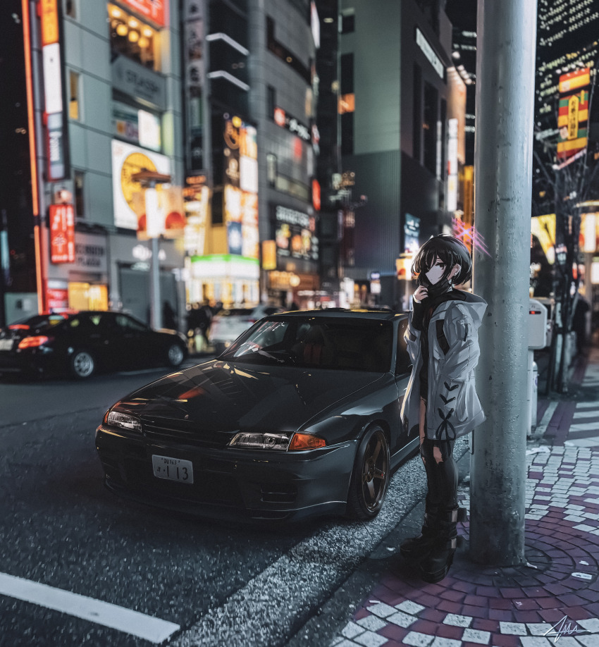 1girl absurdres alternate_costume black_car black_footwear black_hair black_pants black_shirt blue_archive blurry blurry_background boots brown_eyes car grey_jacket hair_behind_ear halo highres hood hood_down hooded_jacket jacket license_plate mask misaki_(blue_archive) motor_vehicle nissan nissan_skyline nissan_skyline_r32 nougat_(no_9ada) outdoors pants photo_background shirt short_hair signature tokyo_(city) torn_clothes torn_pants vehicle_focus
