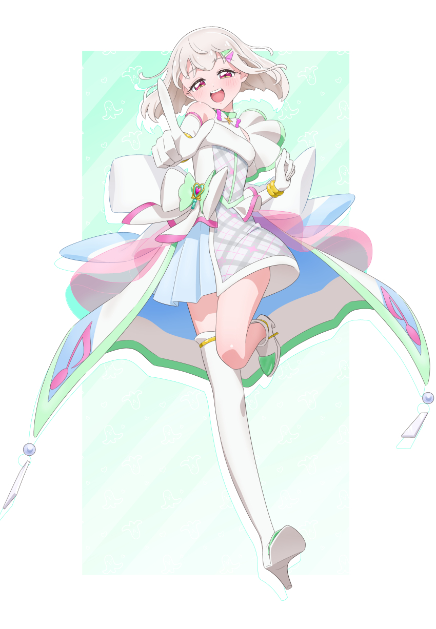 absurdres bare_arms blonde_hair blunt_bangs boots choker cosplay cure_zukyuun cure_zukyuun_(cosplay) dress elbow_gloves gloves hair_ornament highres idol kimi_to_idol_precure looking_at_viewer open_mouth precure purirun_(civilian)_(precure) purple_eyes ribbon self_cosplay shirt short_hair skirt smile standing standing_on_one_leg tiler_(tiler00) white_background white_dress