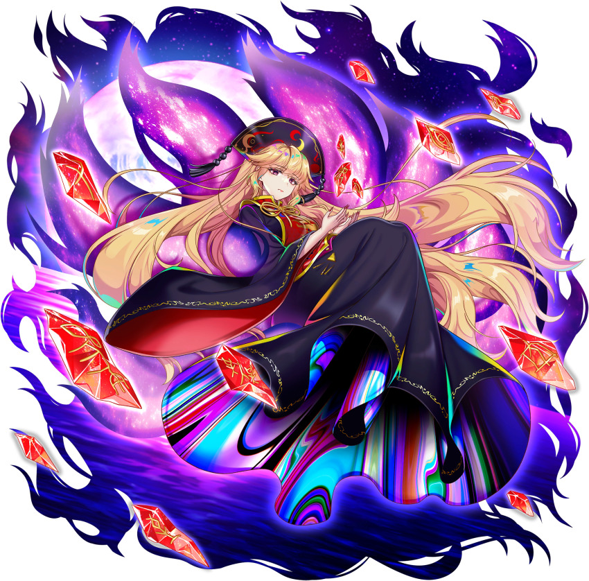 1girl black_dress black_hat blonde_hair breasts closed_mouth crescent_print crystal dalachi_(headdress) dress energy_tail fingernails fox_tail game_cg hat highres junko_(touhou) long_fingernails long_hair long_sleeves looking_at_viewer multiple_tails neck_ribbon official_art red_eyes red_nails red_tabard ribbon rotte_(1109) solo tabard tail third-party_source touhou touhou_lostword transparent_background very_long_hair wide_sleeves yellow_ribbon