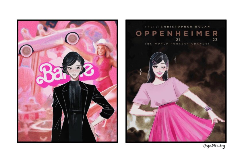 1girl androgynous barbenheimer_(meme) barbie_(character) barbie_(franchise) barbie_(live_action) black_eyes black_hair black_jacket bracelet commentary english_commentary english_text eyelashes hair_ornament hairclip hand_on_own_hip high-waist_skirt highres jacket jewelry lipstick long_hair makeup medium_skirt meme oppenheimer_(movie) original pink_lips pink_shirt pink_skirt shirt shirt_tucked_in short_hair skirt stereotypical_barbie_(live_action) t-shirt twitter_username yui930
